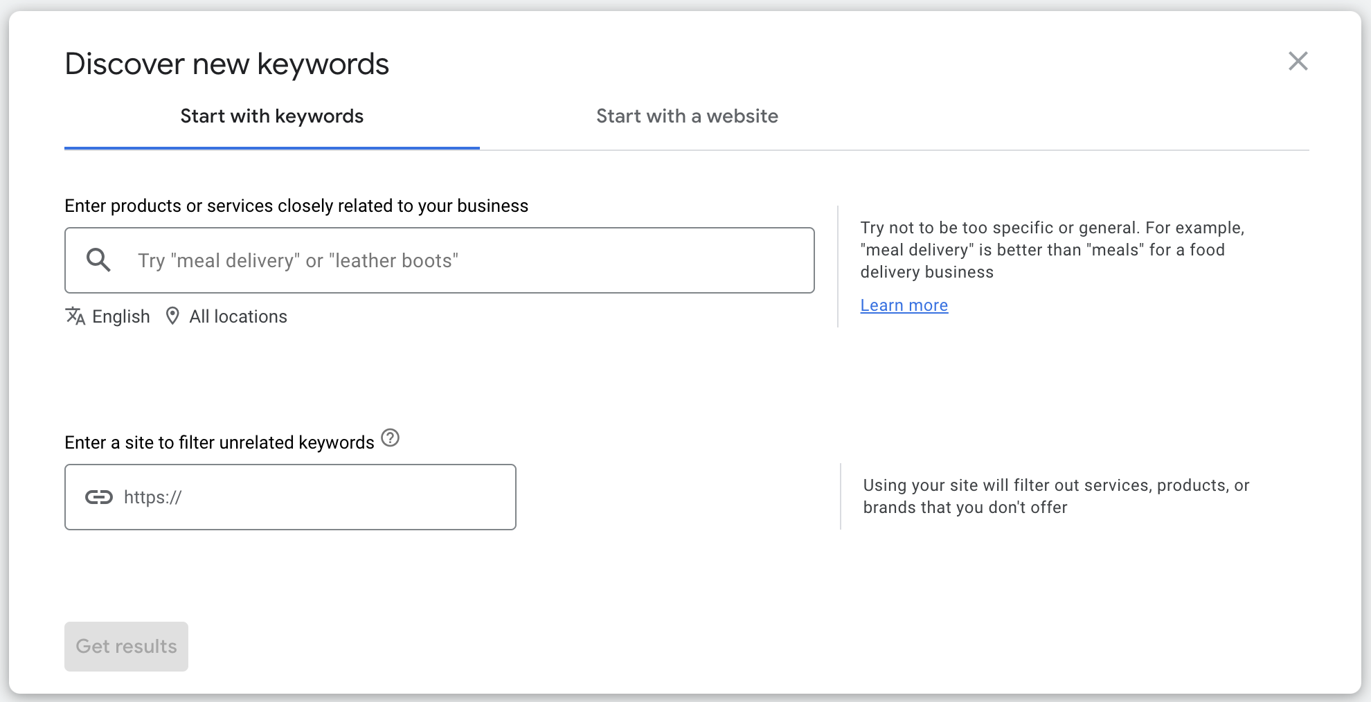 Discovering new-keywords in Google Ads Keyword Planner